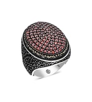 Gümüş Kırmızı Zirkon Taşlı Oval Erkek Yüzük
