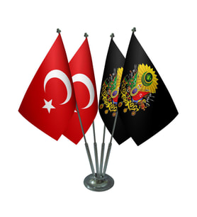 Masa Üstü Siyah Osmanlı Arması Bayrağı Türk Bayrağı Dörtlü Krom Direk Masa Bayrak Seti