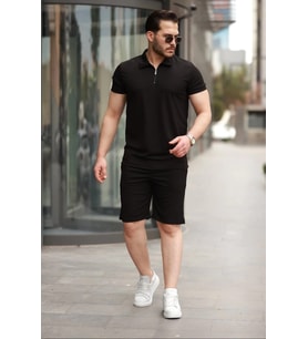 Erkek Yakalı Fermuarlı T-shirt şort Ikili Takım