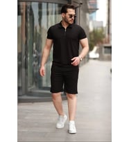 Erkek Yakalı Fermuarlı T-shirt şort Ikili Takım