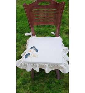 EL YAPIMI BULDAN YIKANMIS KETEN  GİNKGO YAPRAĞI NAKISLI FIRFIRLI SANDALYE MİNDERİ