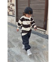 Ayıcık Nakışlı Çizgili Polo Sweat & Damalı Kot Pantolon Unisex Çocuk 2’li Takım - Kahverengi