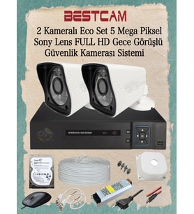 BESTCAM 2 Kameralı Eco Set 5 Mega Piksel Sony Lensli Full HD Gece Görüşlü Güvenlik Kamerası Sistemi 250 GB HDD
