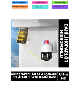 IP66 Suya Karşı Koruma Renkli Gece Görüşlü Güneş Enerjili Alarmlı Çakarlı Dış Mekan Güvenlik Kamera