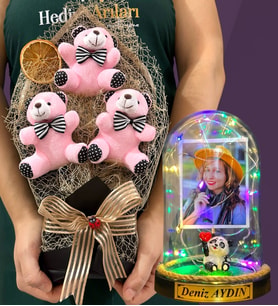 Kişiye Özel Renkli Led Işıklı Fanus ve Büyük Boy Pembe Ayıcık Buketi (Model 8)