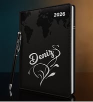 BK Gift Kişiye Özel İsimli Termo Sert Kapak 2026 Siyah Ajanda & Kalem -5, Öğretmenler Günü Hediyesi, Yeni İş Hediyesi