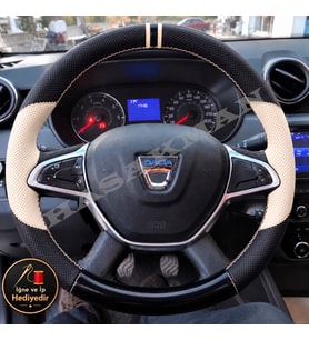 Dacia Duster Dikme Direksiyon Kılıfı Delikli Deri Parlak Siyah Bej Detay Çift Yüzük ve Dikiş 2018-2021