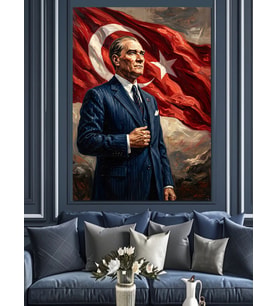 Türk Bayrağı Önünde Asil Atatürk Dekoratif Kanvas - Mdf Ahşap Tablo