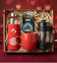 Love Life Water Kırmızı Matara & Kırmızı Kupa Bardak & Aromalı Çay & French Press Hediye Seti