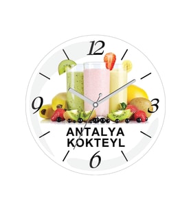 Kokteyl Tema Baskılı Sessiz Akar Bombeli Gerçek Cam Duvar Saati