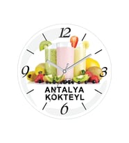 Kokteyl Tema Baskılı Sessiz Akar Bombeli Gerçek Cam Duvar Saati