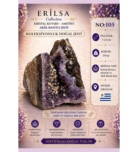 Sertifikalı Kristal Kuvars Ametist Akik Bantlı Jeot Doğal Taş Koleksiyonluk 7x6 cm 216 gr NO105