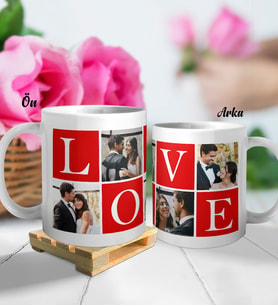 Kişiye Özel Love 4 Fotoğraflı Sevgili Kupa Bardak Ahşap Palet Altlığı Hediyeli