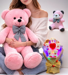 Premium Hediye Seti Pembe Büyük Peluş Ayıcık, Led Işıklı Buket ve Anahtarlık Seti (Model 4)