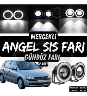 Opel Corsa C 2000-2006 Uyumlu Mercekli Angel Sis Farı Metal 76 mm Beyaz Halkalı Gündüz Farı 2 Adet
