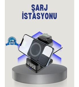 Kablosuz Şarj Cihazı ve Dijital Saat 4’ü 1 Arada Hızlı Şarj, LED Işıklı Tasarım