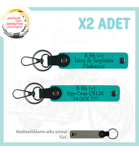 Yol Arkadaşlarına Özel İsim Plaka, B Rh (+) Kan Grubu Yazılı Kişiye Özel x2 Anahtarlık, K Turkuaz-Gr