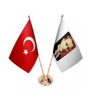 Masa Üstü Atatürk Bayrağı Türk Bayrağı İkili Pirinç Direk Masa Bayrak Seti