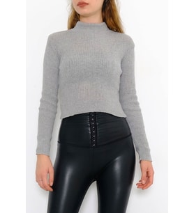 Yarım Balıkçı Crop Triko Gri