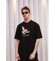 Unisex Bisiklet Yaka Baskılı Oversize T-Shirt - Siyah