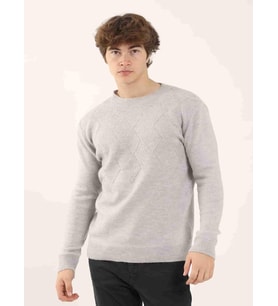 Gri Erkek Slim Fit Baklava Desenli O Yaka Triko
