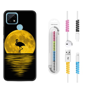 Realme C11 C21 C21Y C25Y C11 2021 Kılıf Kablo Koruma Spiral Silikon Ay ve Flamingo 1775
