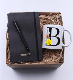 Kişiye Özel Harf Kupa & Siyah Defter & Siyah Roller Kalem Hediye Seti