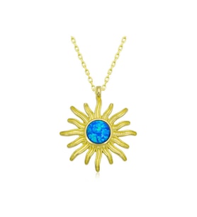 925 Ayar Gümüş Gold Mavi Opal Taşlı Güneş Kadın Kolye