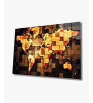 3 Boyutlu Ahşap Görünümlü Dünya Haritası 4mm Dayanıklı Cam Tablo Temperli Cam, 3D Wooden Pattern World Map Glass Wall Art