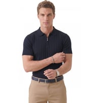 DeepSEA Erkek Lacivert Polo Yaka Fermuarlı Çizgi Dokulu Regular Fit Likralı Triko Tişört 2608008