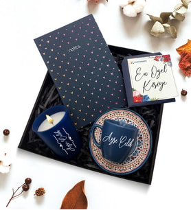 Kişiye Özel Mavi Fincan & Tasarımlı Defter & Bardak Mum Hediye Seti
