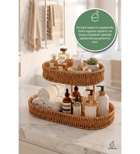 Çift Katlı Rattan Görünümlü Düzenleyici Raf, Mutfak ve Banyo Dekoru
