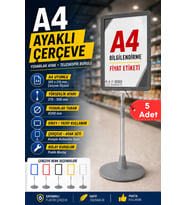 5 Adet - A4 Ayaklı Çerçeve Seti Yuvarlak Tabanlı Teleskopik Fiyat Etiketi Standı Gri