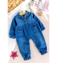 Bebe Yaka Denim Cep Detaylı Kız Bebek Kot Tulum (Mavi)