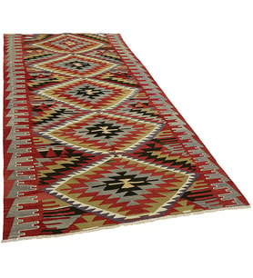 Kırmızı Kilim El Dokuma Modern Geometrik Desenli Salon Kilimi Bordür Detaylı Şık Koridor