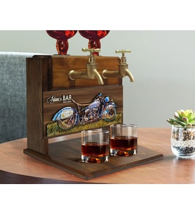 BK Gift Kişiye Özel Kabartma Motorsiklet Tasarımlı Çift Musluklu Doğal Ahşap İçki Standı-4, İçki Standı, Doğum Günü Hediyesi, Ev Hediyesi, Erkek Hediye