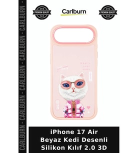 iPhone 17 Air Beyaz Kedi Desenli Silikon Kılıf 2.0 3D Cep Kılıfı Nakışlı Kap Telefon Koruma