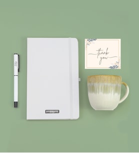 Kişiye Özel Beyaz Defter & Beyaz Roller Kalem & Beyaz Çizgili Porselen Kupa Hediye Seti
