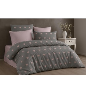 Çift Kişilik Nevresim Takımı Seti200x220cm + Lastikli Battal Boy Çarşaf 180x200x30cm +2 Yastık Kılıflı 50x70 cm Gri-Pembe Kalp
