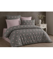 Çift Kişilik Nevresim Takımı Seti200x220cm + Lastikli Battal Boy Çarşaf 180x200x30cm +2 Yastık Kılıflı 50x70 cm Gri-Pembe Kalp