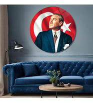 Yuvarlak Temperli Gerçek Cam Tablo Bayrak ve Atatürk Portresi