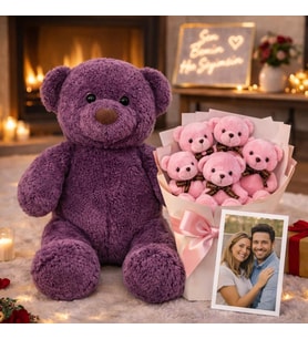 Mor Peluş Ayıcık + Ayıcık Buketi + Fotoğraf Sevgiliye Unutulmaz Hediye