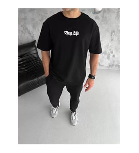 Unisex Bisiklet Yaka Baskılı Oversize T-Shirt - Siyah