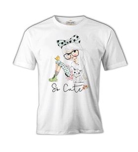 Kuş Kedi Küçük Kız Beyaz Erkek Tshirt
