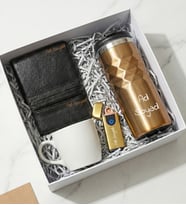 Kişiye Özel Geometrik Termos & USB Çakmak & Kupa & Cüzdan & Kartlık Erkeğe Hediye Seti Gold
