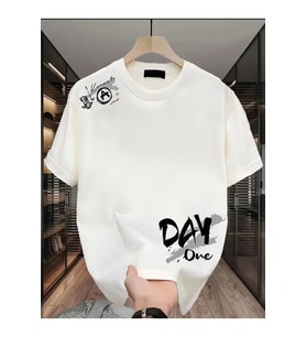 Baskılı Oversize Bisiklet Yaka T-shirt - Beyaz