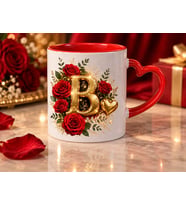 AION CASA B Harfli Kırmızı Gül Desenli Kalp Kulplu Kupa Bardak 325 ml