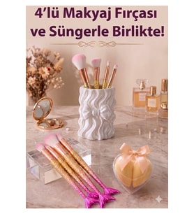 Renkli 4'lü Makyaj Fırçası ve Sünger Seti, Beyaz Fırçalık Hediye