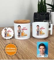 Kişiye Özel Karikatürlü İnşaat Mühendisi Hediye Seti T Kupa, Kalemlik, Anahtarlık Erkek İnşaat Mühendisine Mühendisler Günü Hediyesi (Beyaz)
