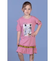 Toontoy Kız Çocuk Dijital Baskılı Büzgülü Şerit Detaylı Elbise (Gül Kurusu)